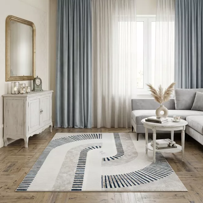 Dywan 60x100 cm kremowo, niebieski z modernistycznym, łukowym wzorem CRYSTAL 3