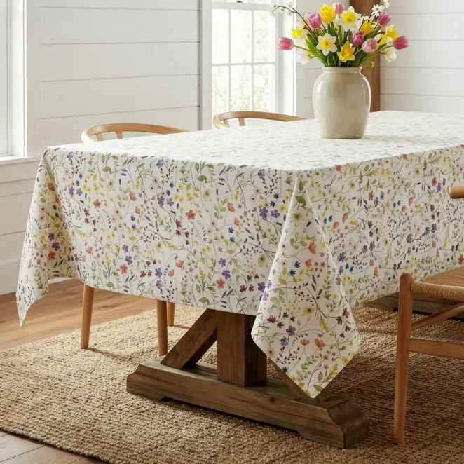 Obrus na stół plamoodporny 110x140 cm biało, fioletowy z motywem drobnych kwiatów - ANNA