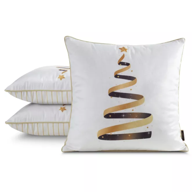 Poszewka na poduszkę świąteczna 45x45 cm welwetowa biało, złota zdobiona nadrukiem i ozdobną wypustką