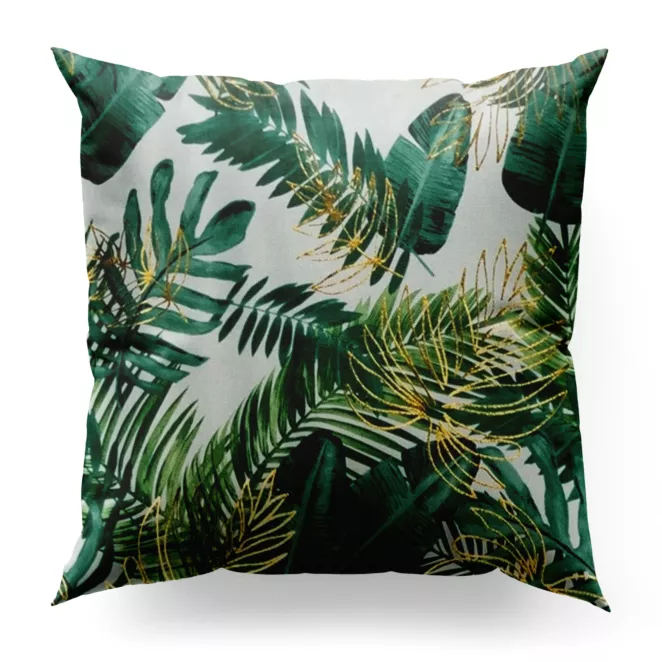 Poszewka szyta biało zielona miękka, welwetowa, z błyszczącym nadrukowanym motywem botanicznym