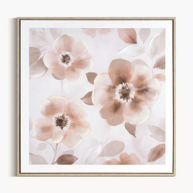 Obraz pudrowo, kremowy nadruk na płótnie w kwiaty 60x60 cm