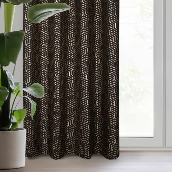 Zasłona czarno, szampańska zdobiona nadrukiem geometrycznym 140x250 cm przelotka - SEMI