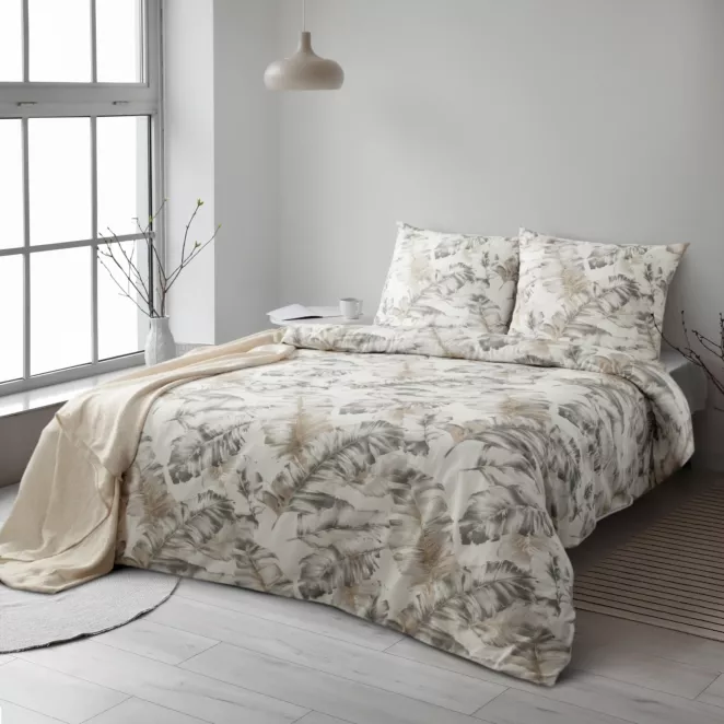 Pościel 140x200 cm bawełniana kolor biało, stalowy z nadrukiem liści LAYLA