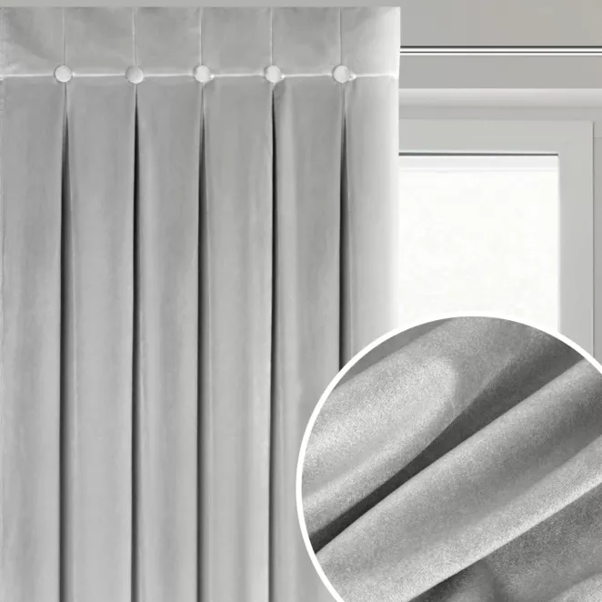 Zasłona srebrna z welwetowej tkaniny zdobiona głębokimi fałdami i guzikami 85x250 cm (wymiar podany na gotowo) szelki - ALITA