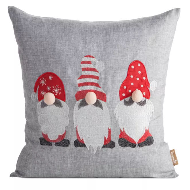 Poszewka na poduszkę świąteczna 45x45 cm srebrno, czerwona zdobiona haftowanym motywem skrzatów