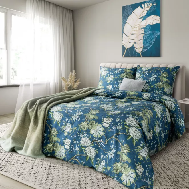 Pościel 220x200 cm z satyny bawełnianej kolor niebieski, jasno miętowy z motywem kwiatów SPRING 68