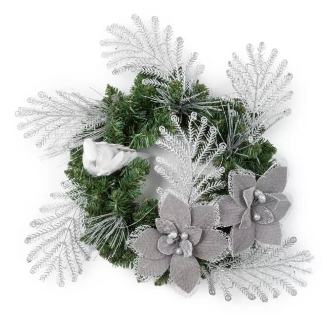 Wianek świąteczny ręcznie dekorowany SREBRZYSTA MAGIA ZIMY