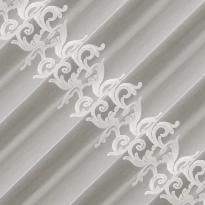 E126/2 Firana szyta na taśmie 5 cm naturalna z delikatnej tkaniny typu aden, wykończonej łańcuszkowym haftem Italissima Eva Minge