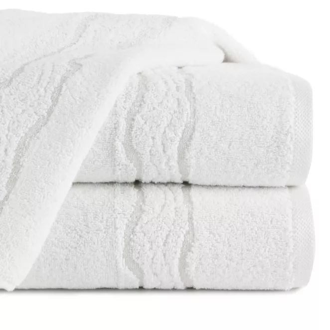 Ręcznik do rąk 30x50 cm bawełniany kolor biały zdobiony bordiurą z błyszczącym wzorem 500 g/m2 KARIN