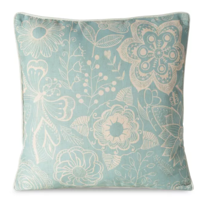 Poszewka na poduszkę 45x45 cm bawełniana, dwustronna łącząca welwet i len z przecieranym nadrukiem jasnoniebiesko, kremowa LEN