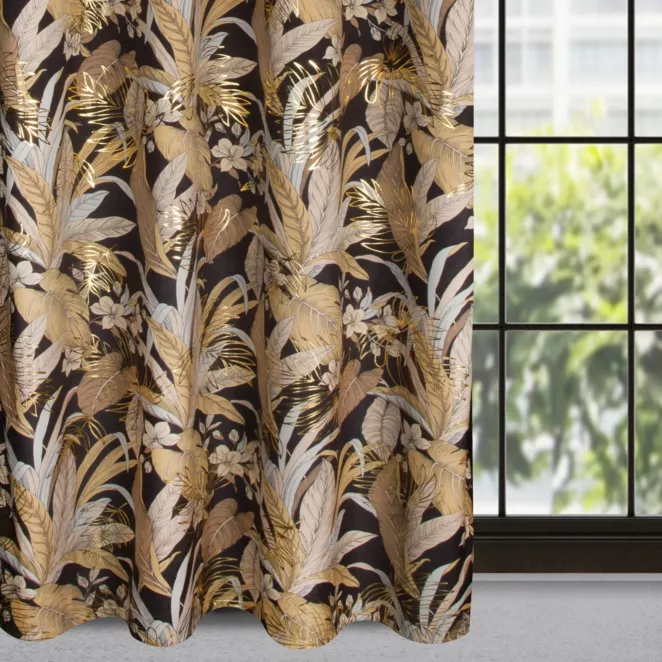 Zasłona czarno, złota z wzorem egzotycznych liści z welwetu 140x250 cm przelotka - ADEL