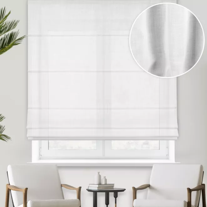 Roleta rzymska biała z matowej gęsto tkanej etaminy o naturalnym splocie