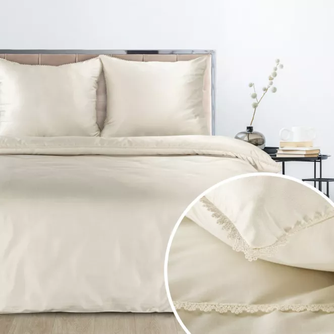Pościel 160x200 cm komplet 3 częściowy z mieszanki włókien kolor kremowy zdobiona pasem koronki LINDA z kolekcji Nova Style