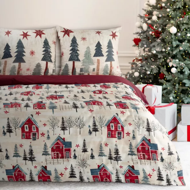 Pościel świąteczna 140x200 cm satyna bawełniana kolor bordowy, ciemnokremowy z nadrukiem zimowego miasteczka ASHER