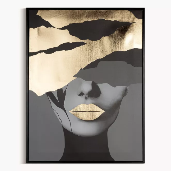 Obraz postaci czarno, złoty nadruk na płótnie oprawiony w czarną ramkę 60x80 cm