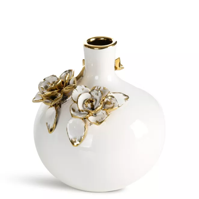 Wazon dekoracyjny biało, złoty zdobiony różami 3D 14x14x16 cm SARA