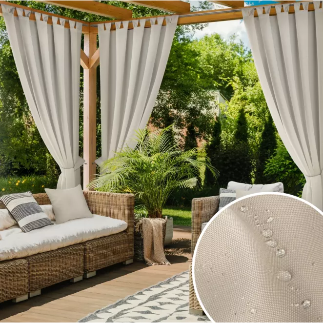 Zasłona jasnobeżowa z wodoodpornej tkaniny idealna do ogrodu i na taras 155x240 cm szelki/rzep - GARDEN