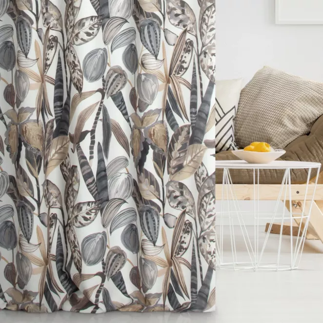 Zasłona szyta na taśmie 5 cm beżowo grafitowa z tkaniny o naturalnym splocie z nadrukowanym kwiatowym wzorem