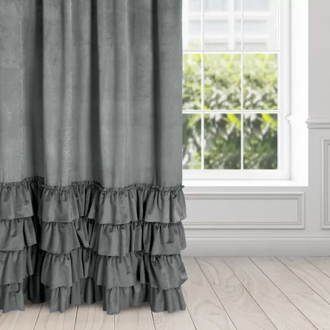 Zasłona welwetowa stalowa zdobiona falbanami 140x250 przelotka - CHARLOTTE 1