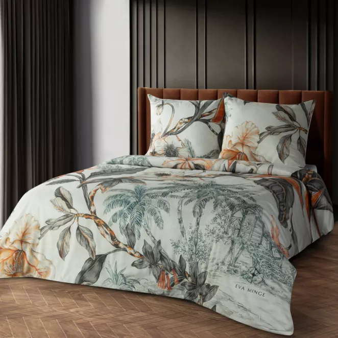 Pościel 160x200 cm z makosatyny bawełnianej kolor kremowy, pomarańczowy z designerskim nadrukiem AIKO Eva Minge