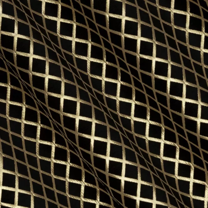 H208/10 Zasłona szyta na taśmie 5 cm czarno złota z szenilowej tkaniny w drobny geometryczny wzór przetykany błyszczącą nicią