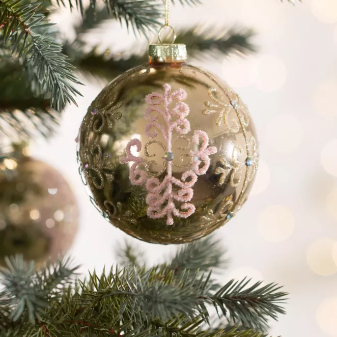 Szklana bombka choinkowa ręcznie zdobiona błyszczącym wzorem