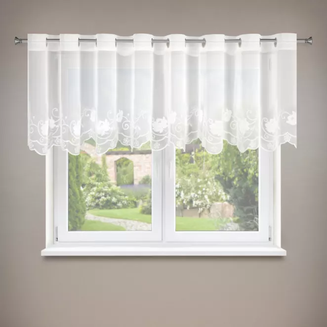 Firana biała z drobnej siateczki zdobiona subtelnym haftem 350x70 cm przelotki - LETI