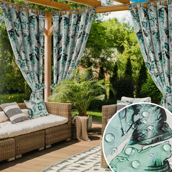 Zasłona biało, zielona z wodoodpornej tkaniny idealna do ogrodu i na taras 155x240 cm szelki/rzep - GARDEN 2
