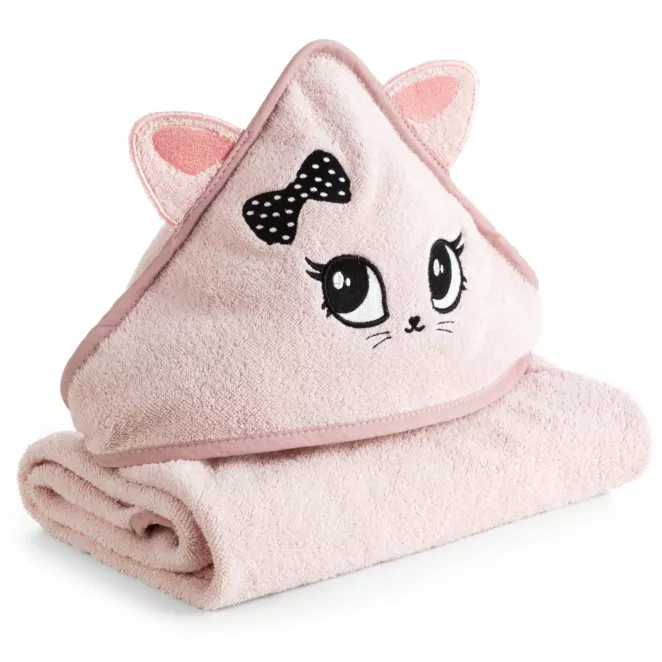 Ręcznik kąpielowy dziecięcy 100x100 cm bawełniany kolor różowy z kapturem i aplikacją uroczego kotka 450 g/m2 BABY 72