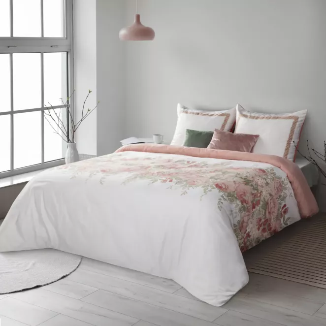 Pościel 220x200 cm bawełniana kolor biały, pudrowy róż styl romantyczny SPRING 25