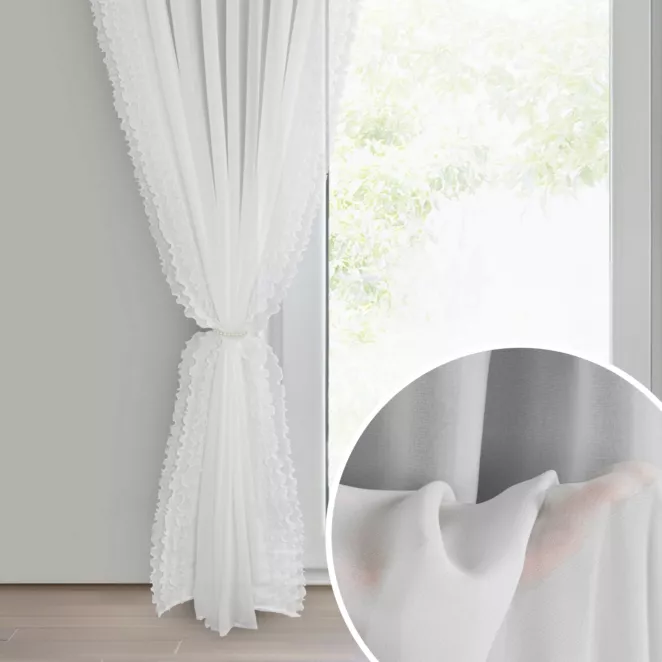 Firana biała z szyfonu zdobiona falbanami po bokach w zestawie ozdobny troczek 140x270 cm taśma LUISA