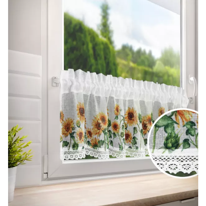 Zazdrostka biało, pomarańczowa z etaminy zdobiona kwiatowym nadrukiem i koronką 150x30 cm HELIA