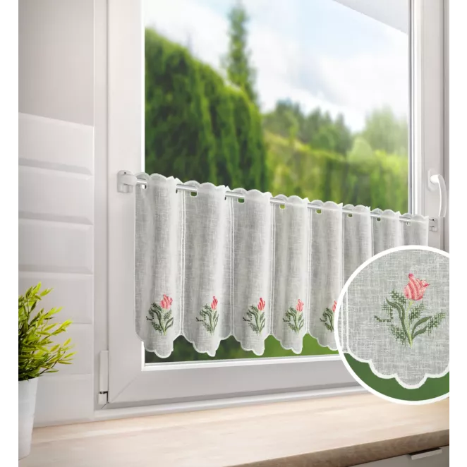 Tkanina firanowa zazdrostka z etaminy zdobiona subtelnym nadrukiem tulipanów