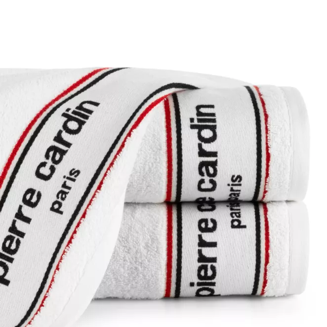 Ręcznik kąpielowy 70X140 cm bawełniany kolor biały  z żakardową bordiurą i haftowanym logiem marki Pierre Cardin 450 g/m2 KARLA