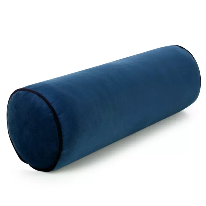 Poduszka dekoracyjna wałek 45 x 15 cm welwetowa granatowa zdobiony kontrastującą lamówką GAJA