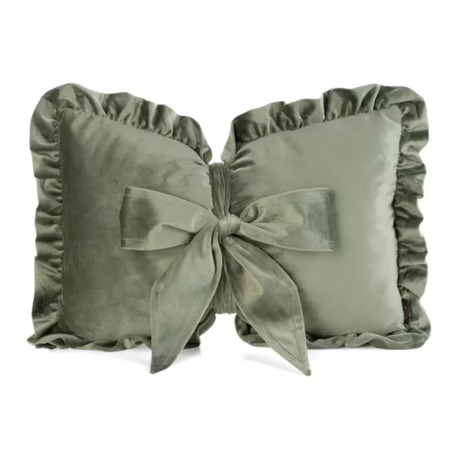 Poduszka kokarda dekoracyjna 35x55 cm welwetowa kolor oliwkowy z ozdobną falbanką - KOKARDA 2