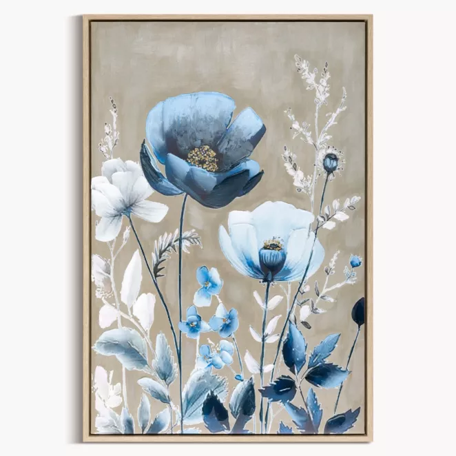 Obraz niebiesko, beżowy nadruk na płótnie w kwiaty 60x90 cm