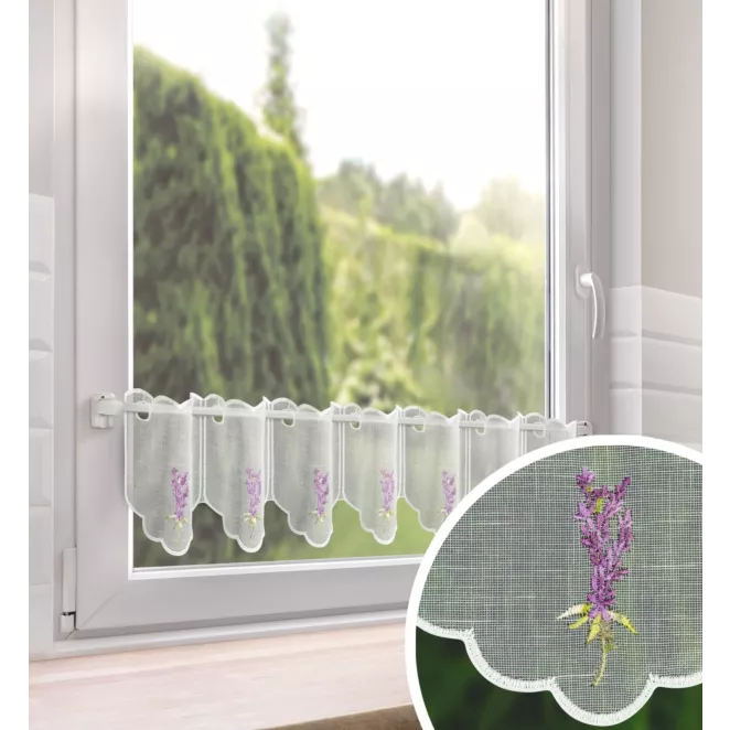 Tkanina firanowa zazdrostka z etaminy zdobiona haftem lawendy