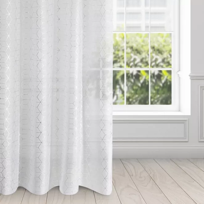 Dekoracja okienna biała zdobiona metalicznym nadrukiem z geometrycznym wzorem 140x250 cm przelotka - SEYLAN