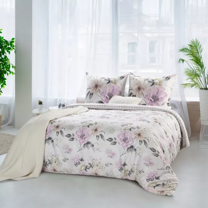 Pościel 220x200 cm bawełniana kolor biały, jasnofioletowy z wzorem kwiatowym styl romantyczny SPRING 31