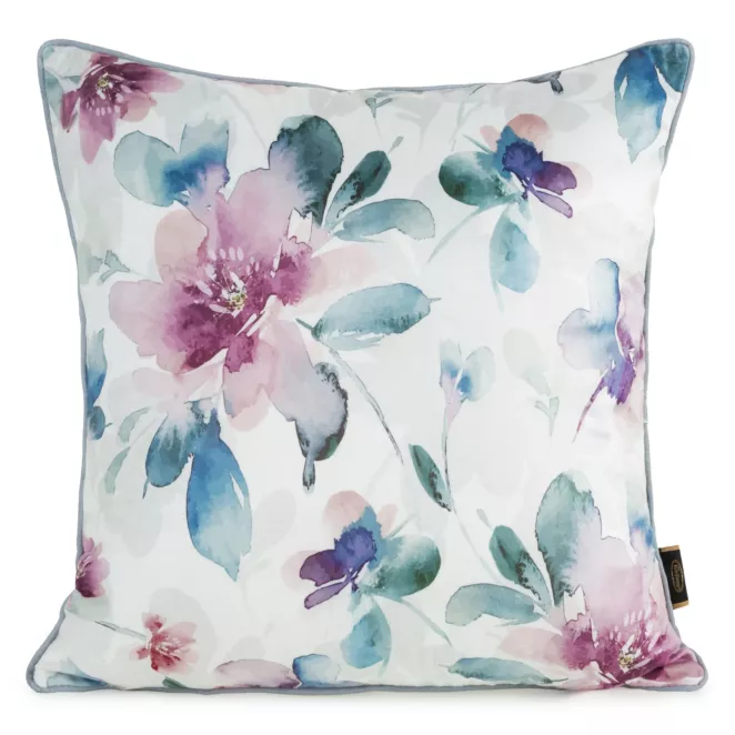 Poszewka na poduszkę 45x45 cm welwetowa, biało turkusowa z nadrukiem pastelowych kwiatów VELVET 154 Eurofirany Premium