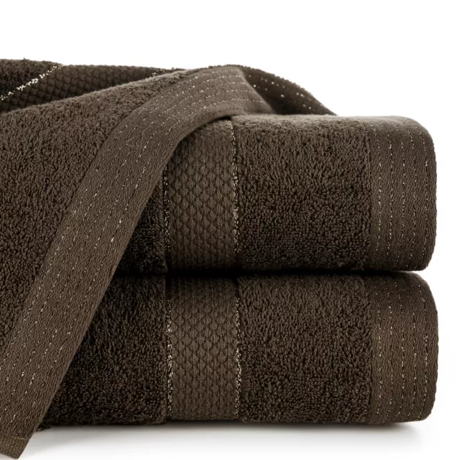 Ręcznik do rąk 30x50 cm bawełniany kolor ciemnobrązowy z bordiurą w paseczki 500 g/m2 BARI