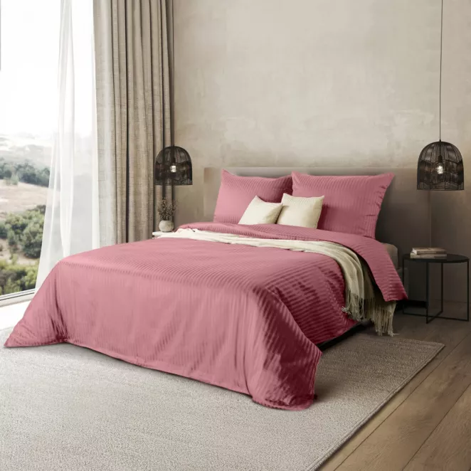 Pościel 160x200 cm komplet 3 częściowy satyna bawełniana kolor pudrowy róż w drobne prążki VERA