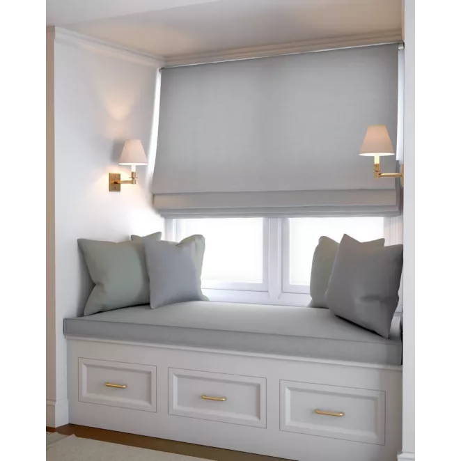 Roleta rzymska jasnoszara o naturalnym, gęstym splocie w stylu eko