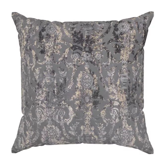 Poszewka szyta grafitowo złocista z grubej, welwetowej tkaniny, zdobiona delikatnie połyskującym nadrukiem