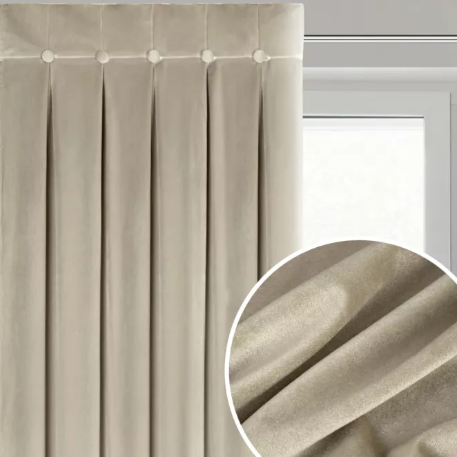 Zasłona beżowa z welwetowej tkaniny zdobiona głębokimi fałdami i guzikami 85x250 cm (wymiar podany na gotowo) szelki - ALITA