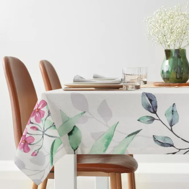 Obrus biało, różowy 140x280 cm z dodatkiem lnu NATU 7 z nadrukiem z motywem roślinnym