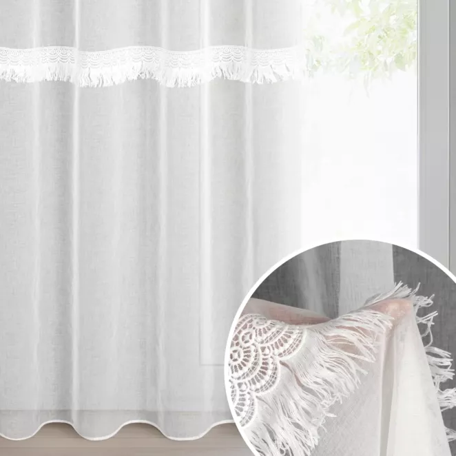 Firana biała z etaminy zdobiona gipiurą z frędzelkami 140x250 cm przelotka ROXANA