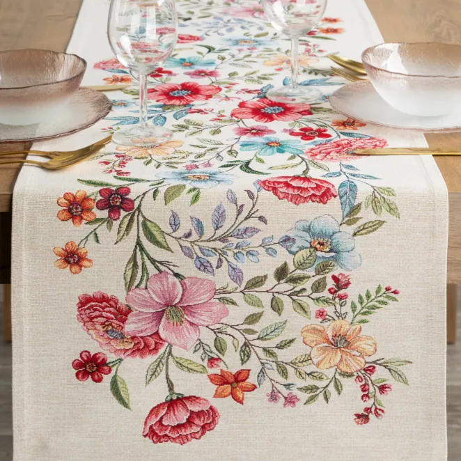 Obrus na stół naturalno, różowy 45x140 cm gobelinowy zdobiony motywem kwiatów