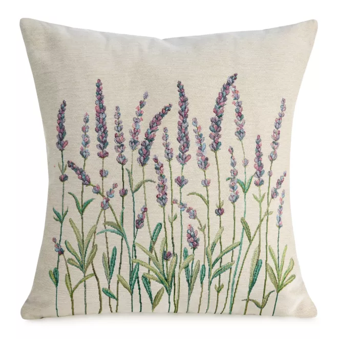 Poszewka na poduszkę 45x45 cm bawełniana, gobelinowa naturalno, zielona  z motywem lawendy GOBELIN